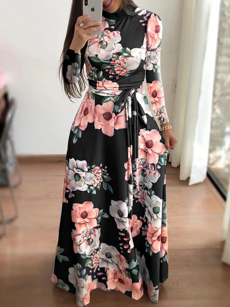Womens Slim Dresses Casual Long Sleeve Round Neck Flower Printed Dress Strap FloorLength Skirt Clothing 251022