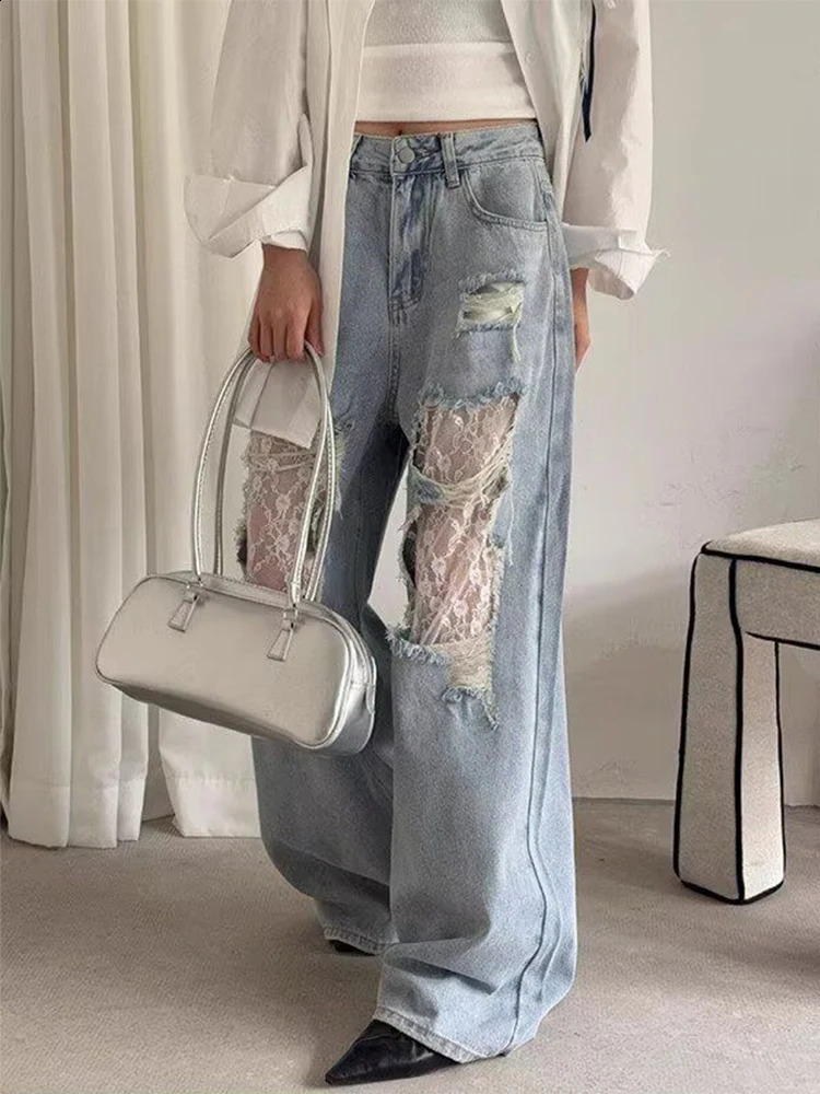 Womens Y2K American Style High Waist Lace Spliced Denim Pants Loose Wide Leg Trousers Fashion tie Hole Patchwork Jeans 251022