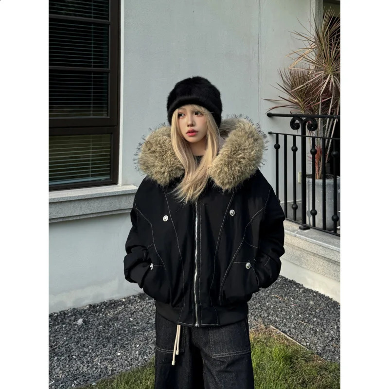 Winter American Retro Parka Coat down Cotton Faux Rabbit Fur Large Collar Hooded Versatile Womens Jacket 251022