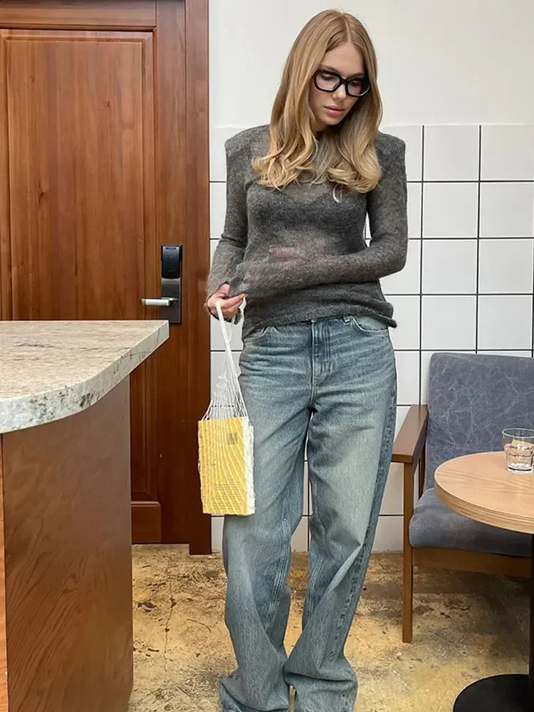 Fashion Solid Round Neck Thin Knitted Sweater Elegant Long Sleeve Bodycon Pullover Autumn Lady Commuting Street Outwear 251027