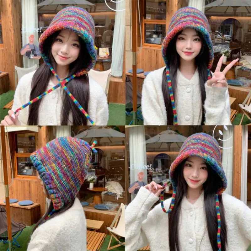 1pc New Rainbow Striped Knitting Beanie Hat Women Girl Winter Warm Crochet Ear Protection CapXJ251023