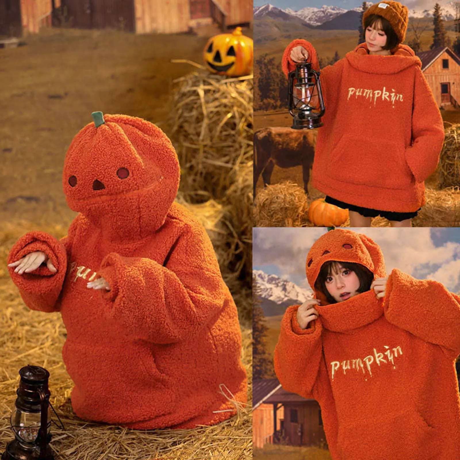 Womens Halloween Pumpkin Shaped Hoodie Autumn Round Neck Hooded Sweatshirt DoubleFaced Fleece Cute Sweater Tops 251022