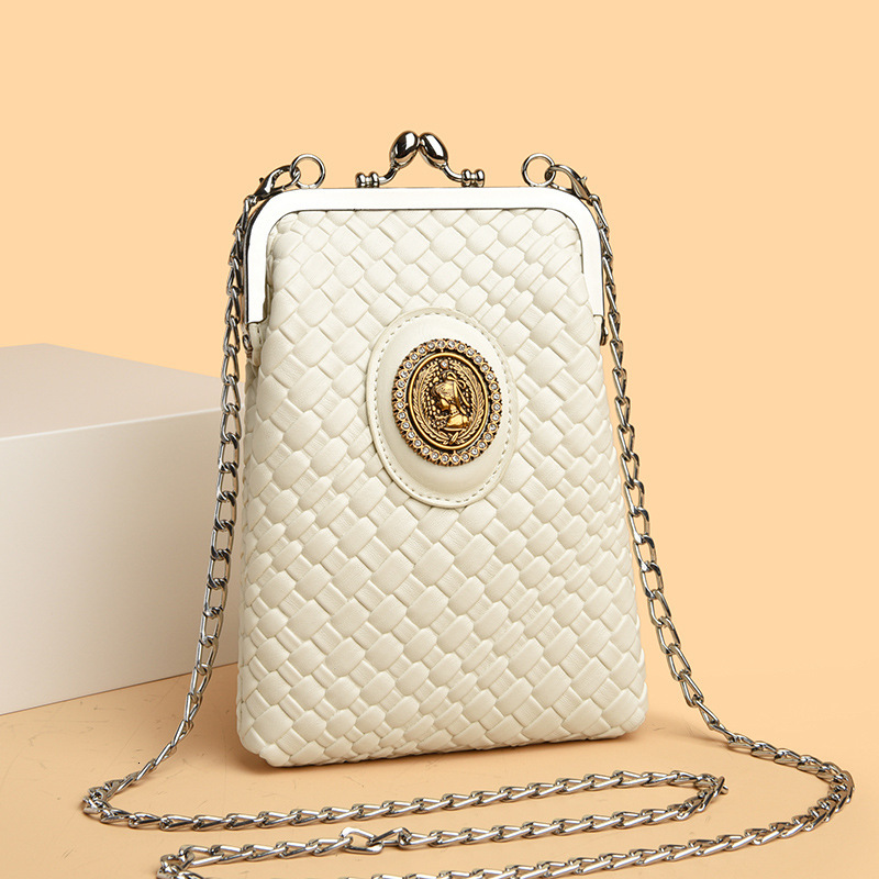 Luxury Brand Designer Bag Beauty Head Diamond-Studded Phone Bag 2025 Socialite Clip Chain Bag Fashion Woven Leather Single Shoulder Crossbody Coin Pur