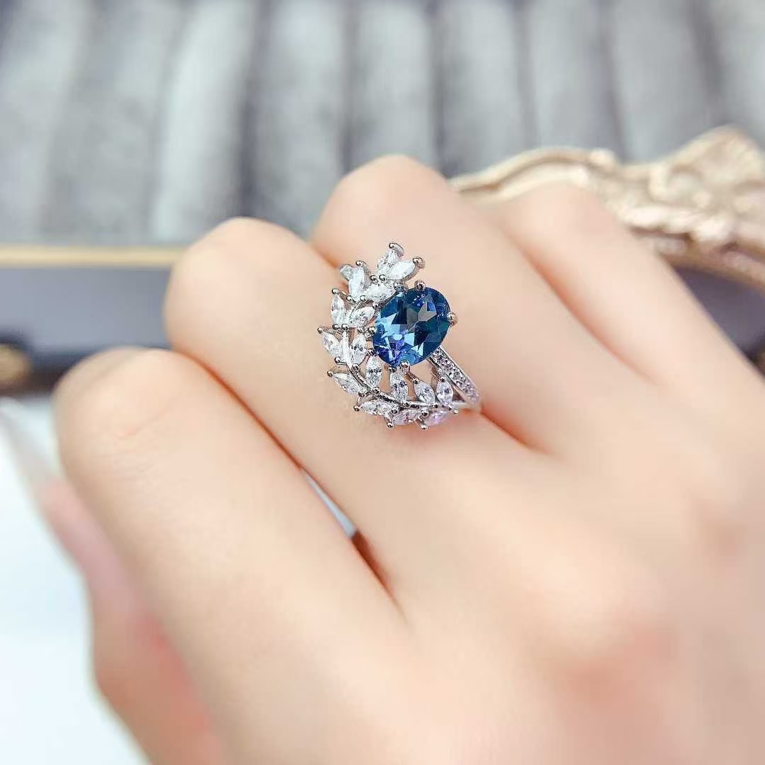 London blue topaz ring real 925 silver gemstone jewelry with 18K gold plating 6mm*8mm 1ct natural topaz silver ring with certificate
