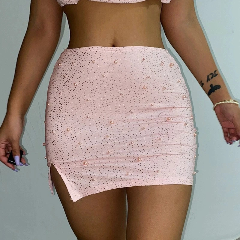 Women Fashion Split Slim Club Party Sets Elegant Beaded Solid Skirt Outfits Sexy Square Collar Crop Tops Long 2Pc Suit 251022