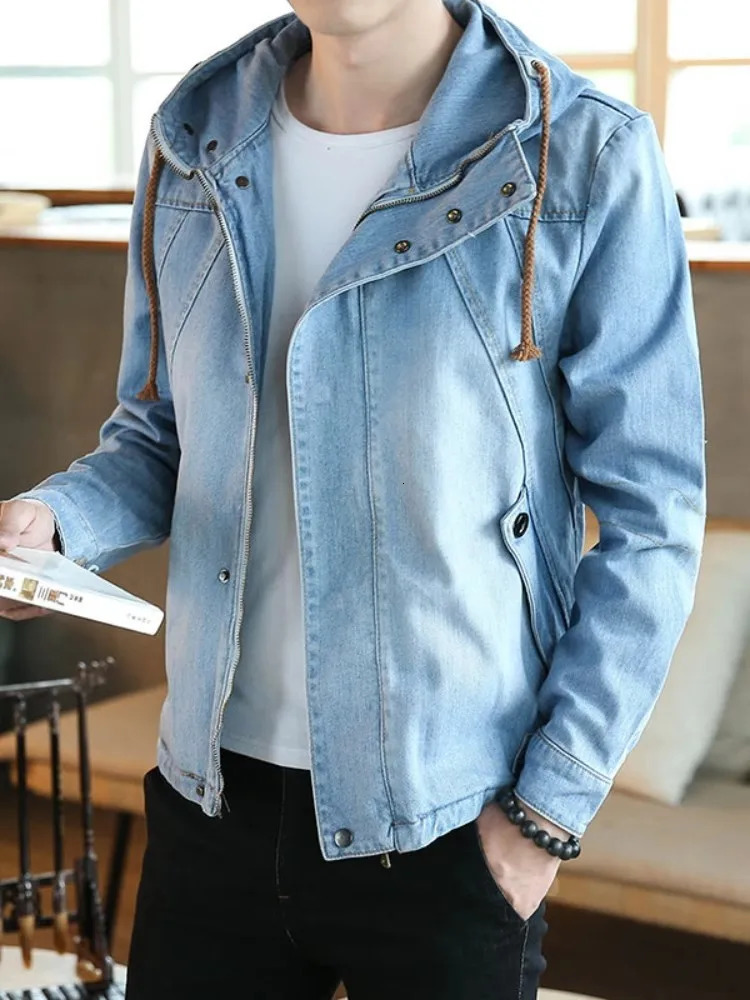 Spring Autumn Japanese Retro Mens Hooded Denim Jacket Slim Fit Zipper Casual Outerwear Male Long Sleeve Streetwear Coats 251017