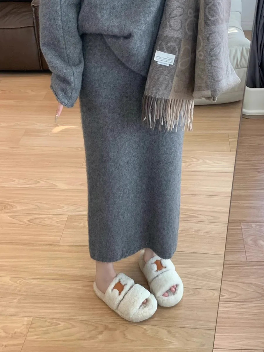 Soft Waxy Autumn and Winter Skirt Straight Versatile Thin Knitted Medium Long H Casual Women 251022