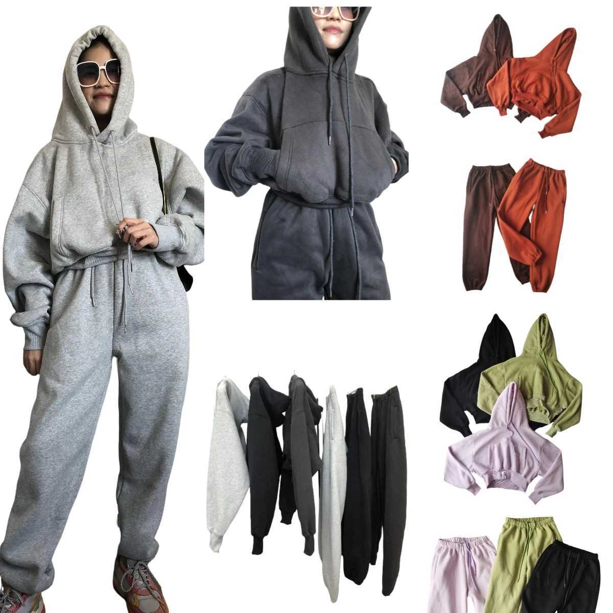 Wholesale Fleece Hoodie with Jogger Pant Sweat Suit Fall Winter 2 Piece Set Tracksuit Women Sports Outfit Two Piece Solid CasualT251022