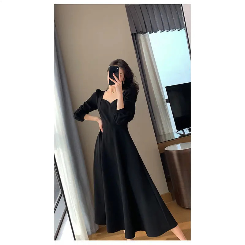 Vintage Collar Long Black Dress KneeLength Womens Elegant Gown Polyester Fabric Sleeve VNeck Midi 251022