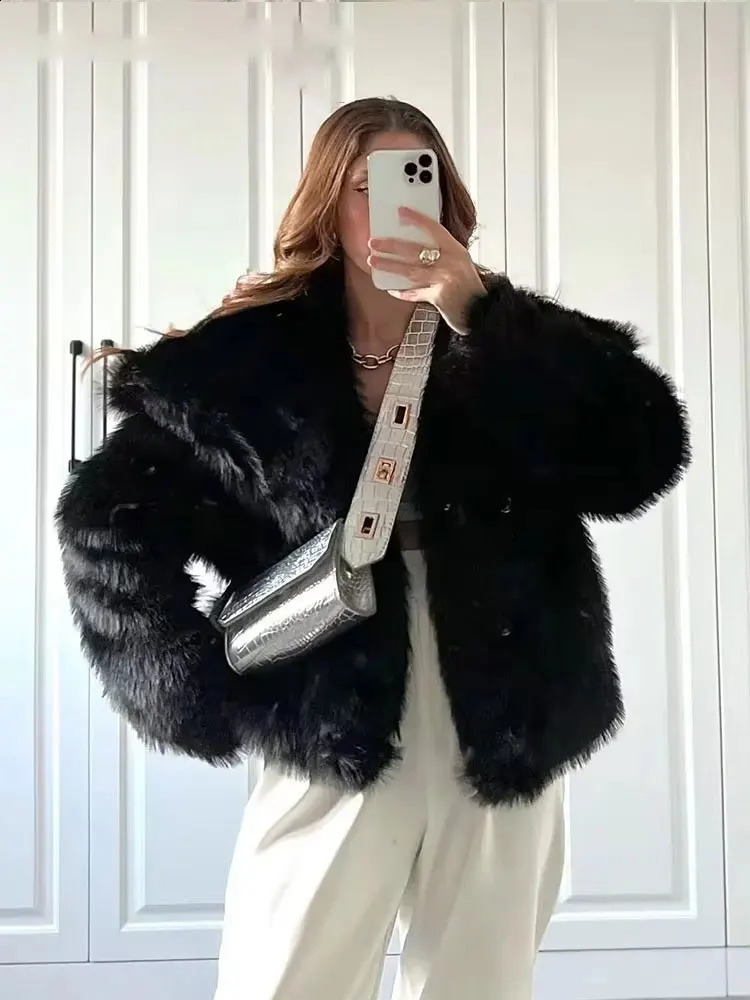 HH Women Elegant Faux Fur Coat Warm Fluffy Loose Long Sleeve Lapel Jacket Autumn Winter Fashion High Street Lady Outerwear 251017