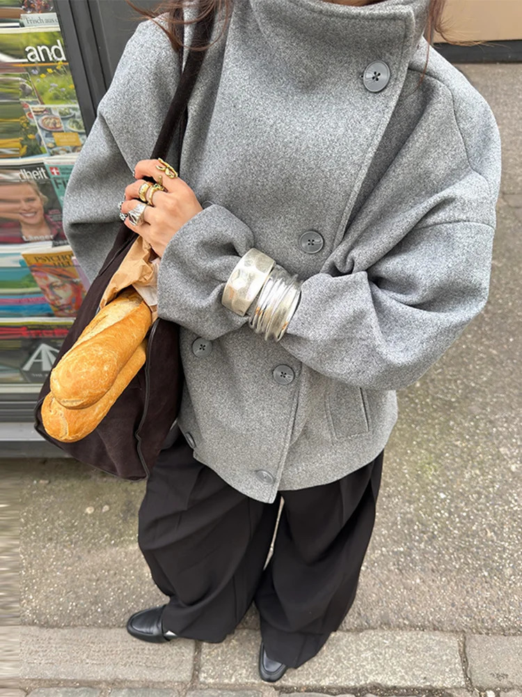 Elegant Womens Coat High Stand Collar Full Sleeve Double Breasted Solid Female Coats Autumn Fashion High Street Lady Top 251020