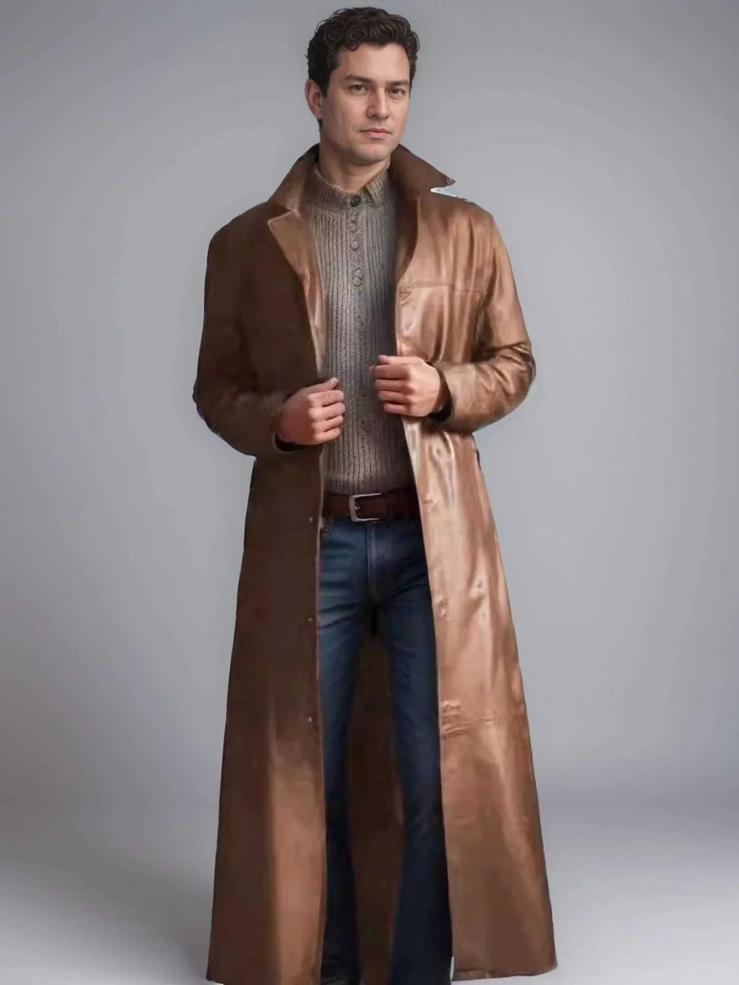 Fashion New Mens PU Leather Trench Coat Long Jacket Spring Fall Winter Detective Cosplay Costume Gothic Moto Biker Punk Outwear W251023