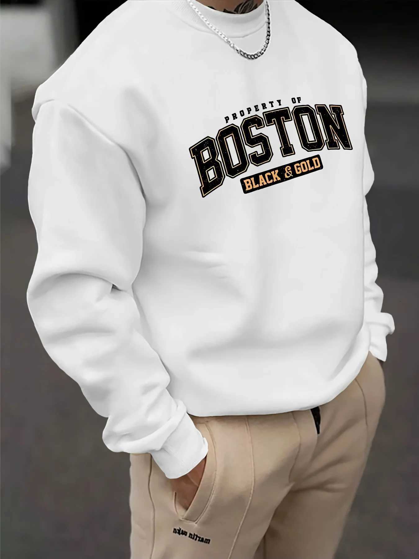Mens autumn and winter fashionable casual loose Boston black golden letter graphic fleece long sleeved round neck sweatshirtT251023