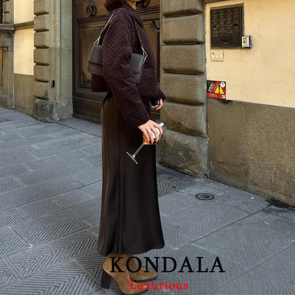 KONDALA Vintage Casual Brown Satin Long Skirts Women High Waist Elastic Straight Mocha Mousse Fashion Elegant 251022