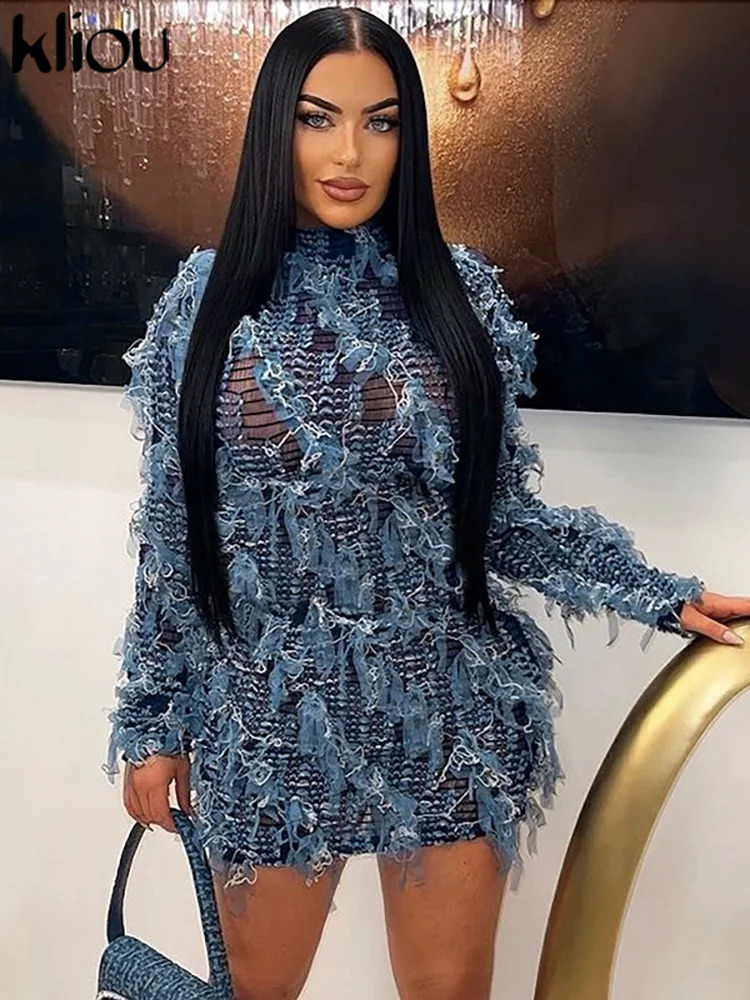 kliou Ruched Patchwork Mini Dress Women Striped Stacked Autumn Full Sleeve Crew Neck Holes Chic Bodycon Female Trend Streetwear 251023