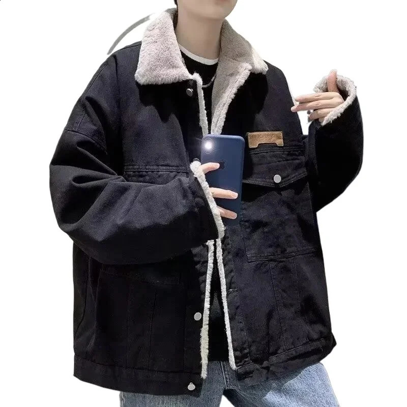 Winter Denim Jacket Men American Style Fleece Lined Thick Warm Cotton Coat Loose Fit Casual Korean Fashion Outerwear Tops Unisex 251023