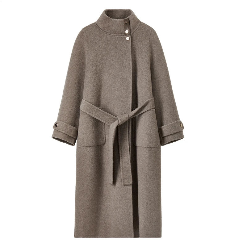 SENTUBILA Women Wool Blend Long Coat Winter Warm Outerwears Loose Fit Stand Neck Double Sided Belted Overcoat W44O56661 251021