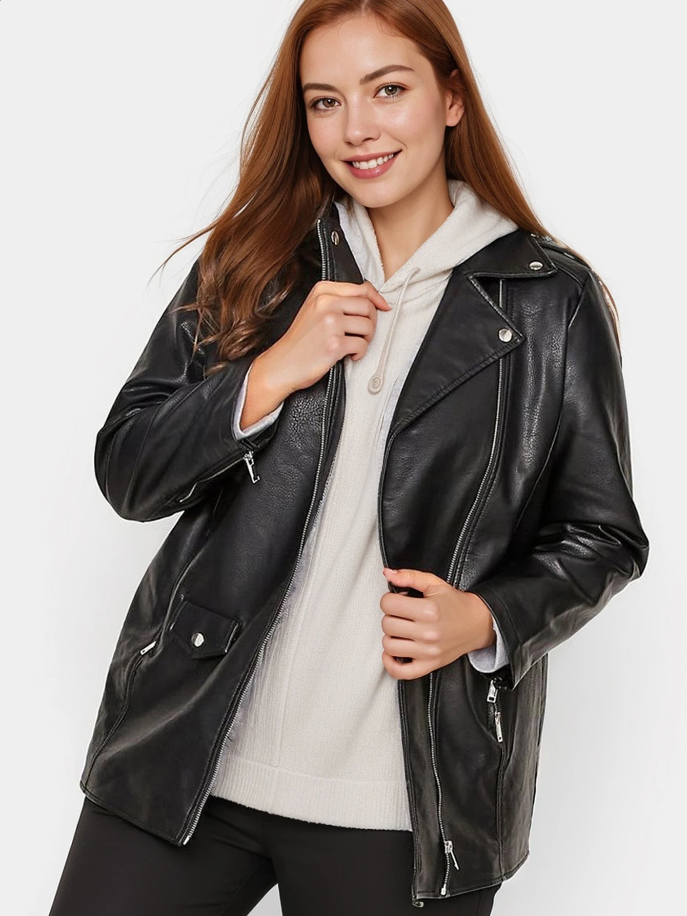 Plus Size PU Leather Zipper Jacket Casual Long Sleeve Lapel For Fall Womens Clothing 251017