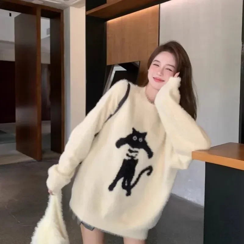 Lazy Style Pullovers Women Loose Fit Chic Cartoon Cats Allmatch Leisure College Knitted Velvet Classic Prevalent Autumn Mujer 251023