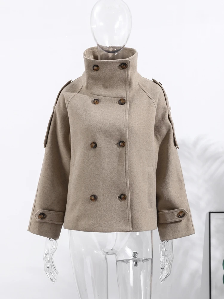 Fashion Womens Stand Collar Coat Long Sleeve Doublebreasted Solid Pockets Jacket Female Autumn Winter Lady Streetwear 251020