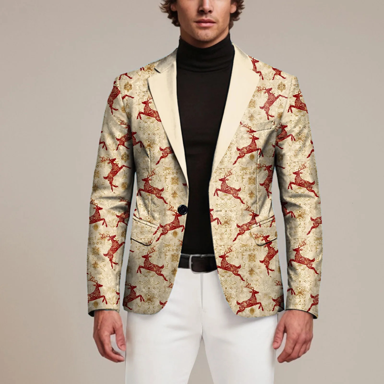 Vintage Mens Suits Fashion Christmas Print Long Sleeve Lapel Button Suit Jacket Pockets Mens Business Suit Jackets Party Wear 251016