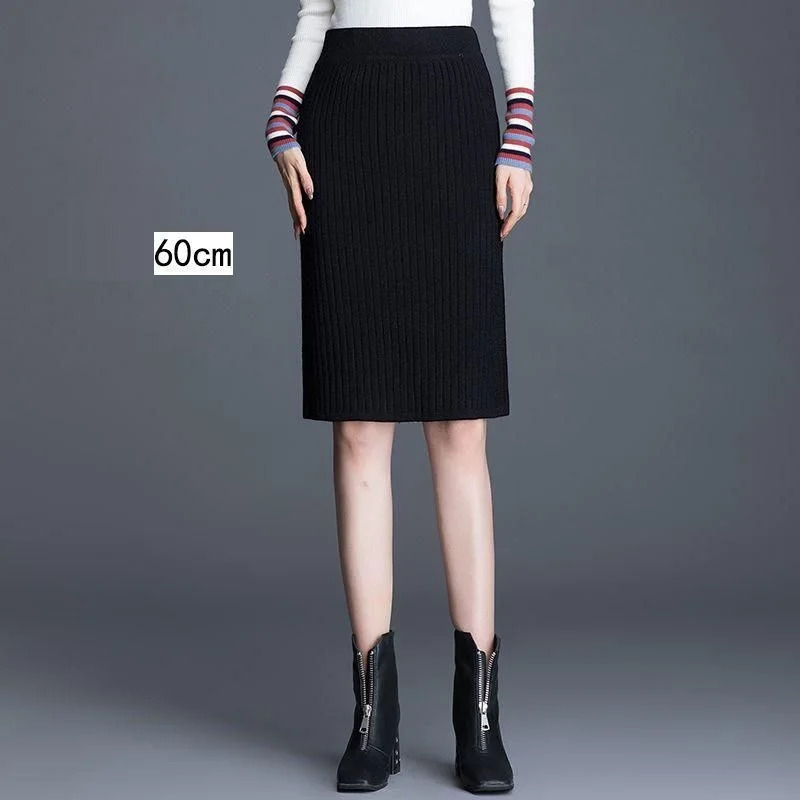 Autumn Winter Elegant High Waist Women Pencil Bodycon Skirt Solid Color Lady Office Knitted Skirt Female Pleated Skirts 251020