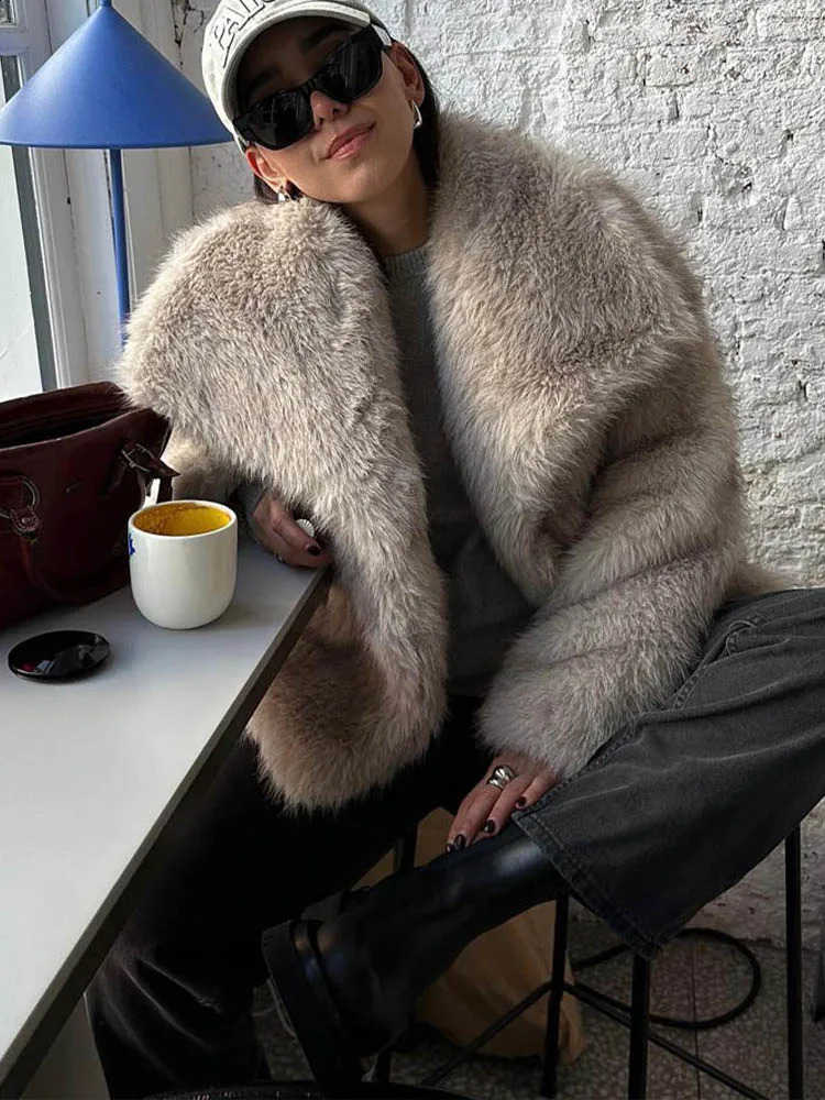 HH Women Fashion Cropped Faux Fur Jacket Coat Long Sleeve Front Snapbutton Female Outerwear Chic Lapel Collar Thick 251022