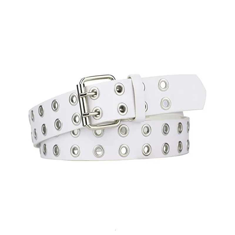 Black punk style personality Fashion belt Double riveted hole belt Black Metal Adjustable size for women men 110cm longXJ251023