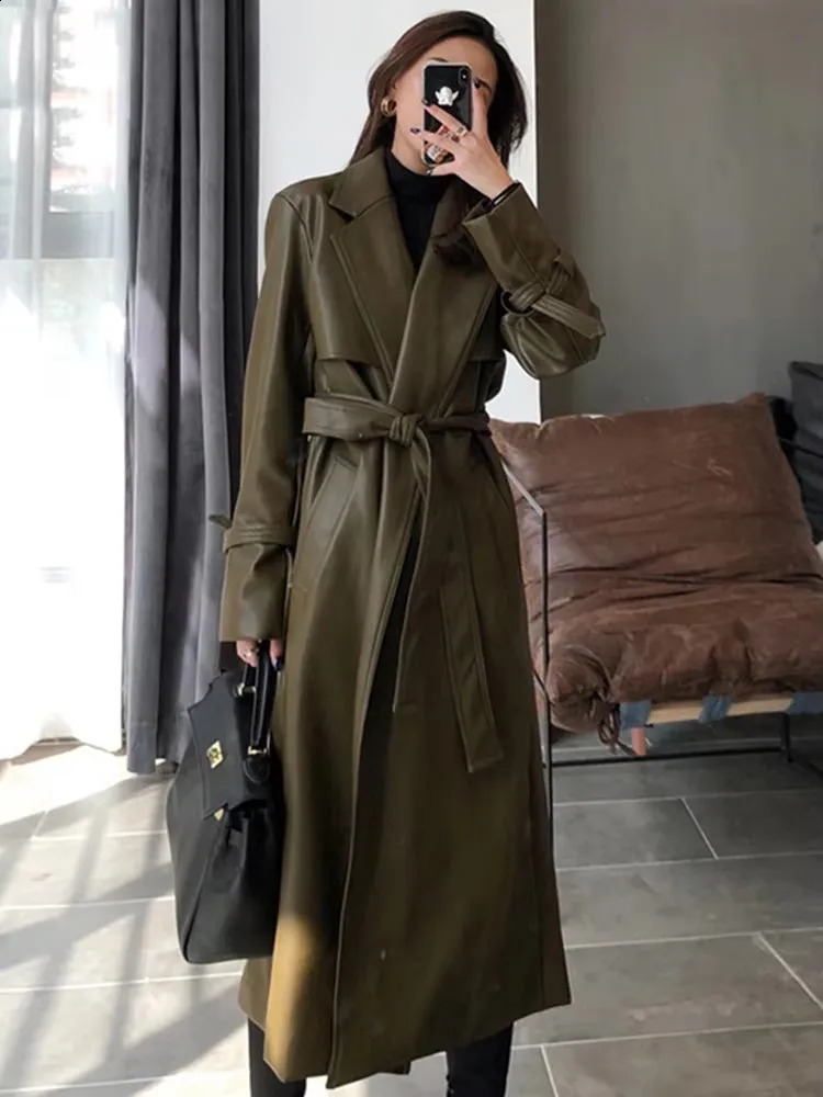 Mauroicardi Spring Autumn Long Waterproof Pu Leather Coat Women Sashes Elegant y Chic Korean Fashion Clothes Overcoat 251017