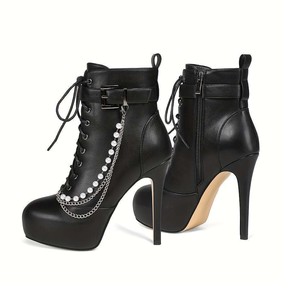 Patty Star Christmas Stiletto Boots 1 Pair Man-Made Upper/Inner, Rubber Sole Round Toe, Pearl Chain Side Zipper High Heel Nightclub Footwear