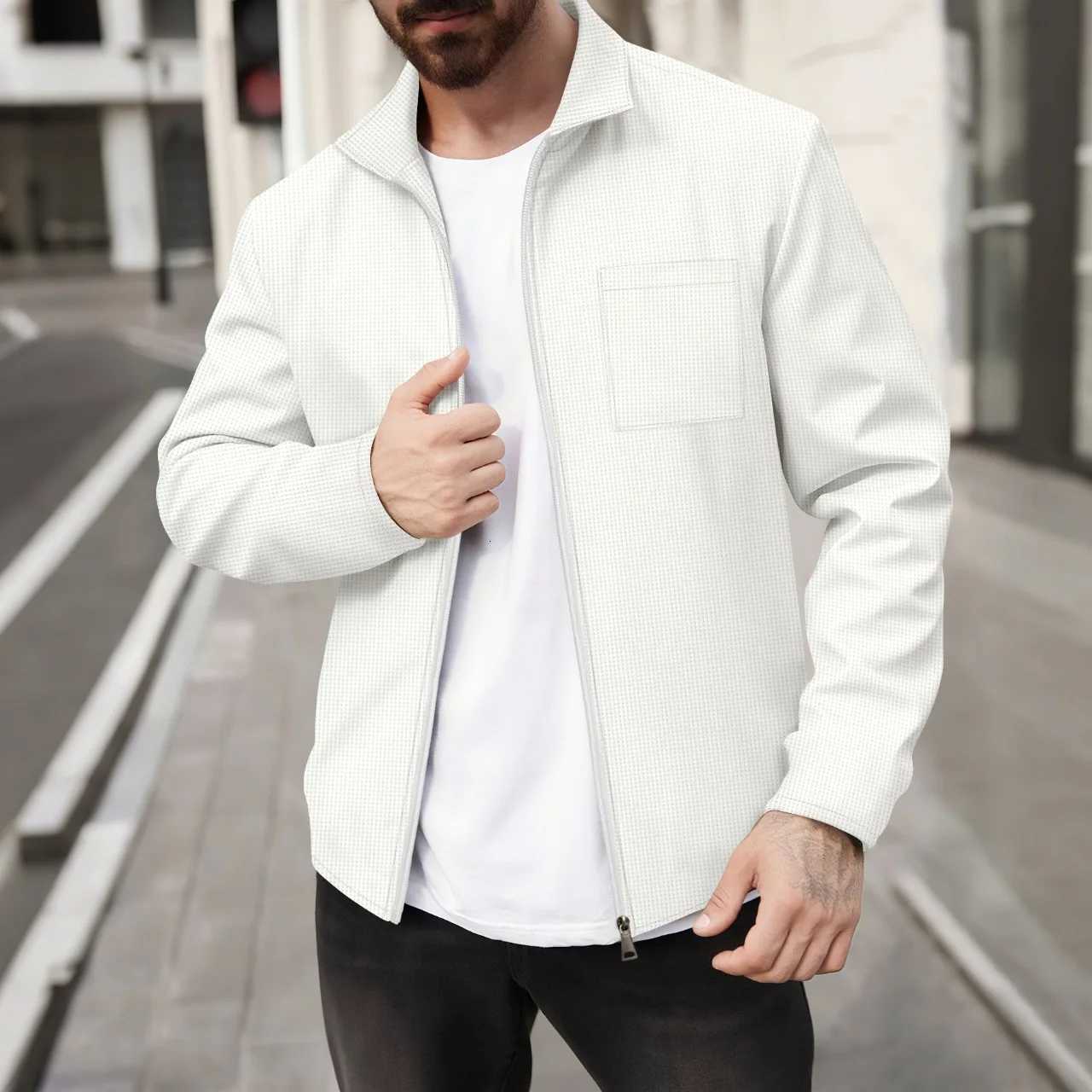 Mens FourSeason Casual Business Waffle Check Coat Lapel Zipper Chest Pocket Fashionable Top W251023