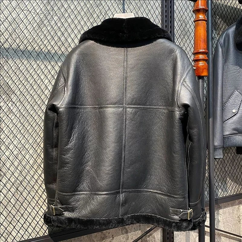 CC Shop men thick fur jacketClassic B3 Bomber winter warm wool coat100 genuine leather natural shearling cloth 251023