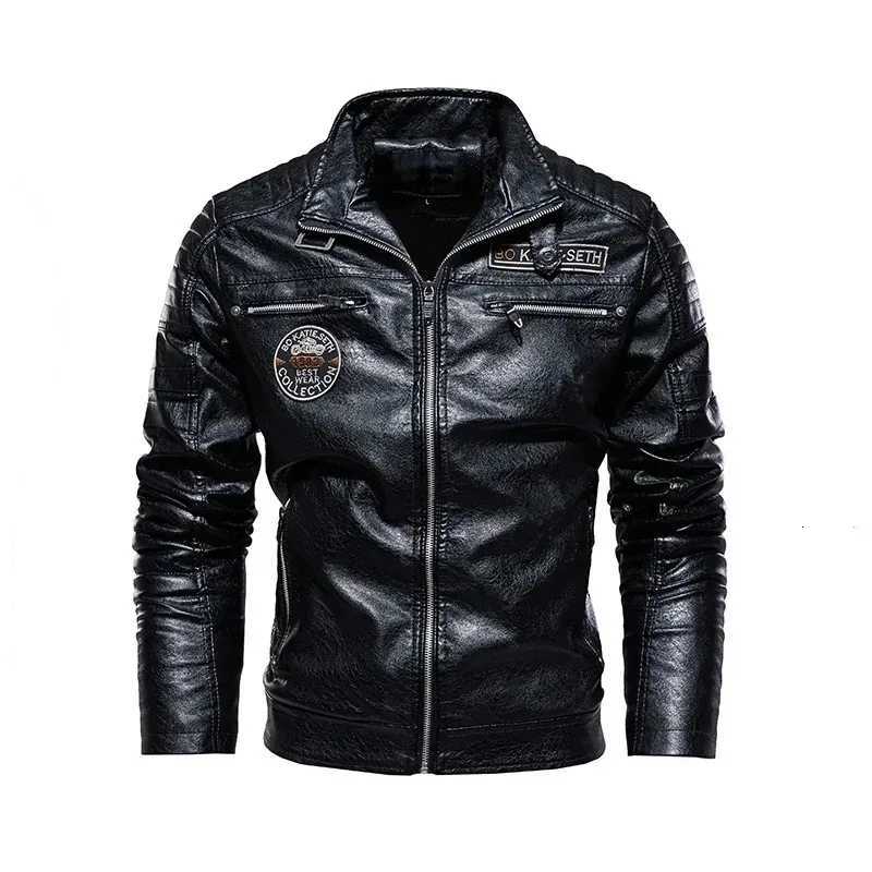 Mens Stand Collar Leather Jacket Winter Fleece Motorcycle Faux Leather Windbreaker Jacket Removable Fur Collar Slim Biker Coat W251023