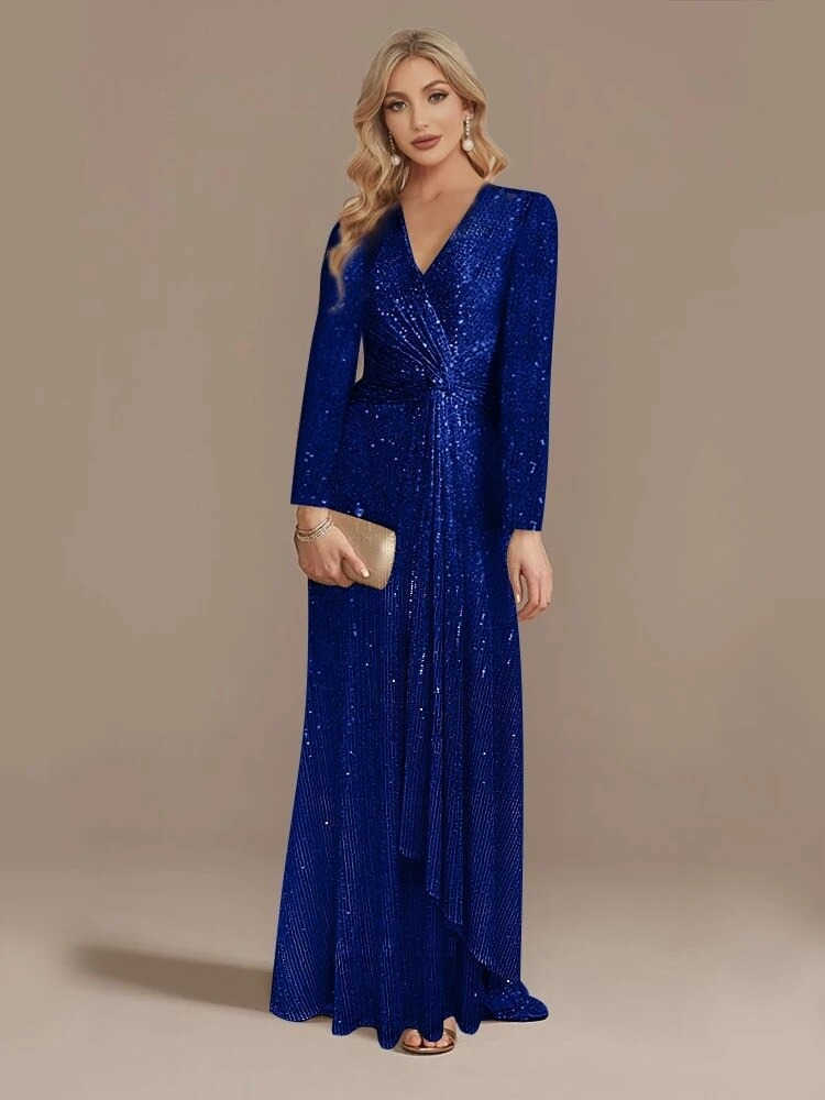 QMQA Fashion Womens Elegant Luxury Dress Dp V-neck Long Sve Waist Ruffle Wide Shoulder Dress 1A434 W241210