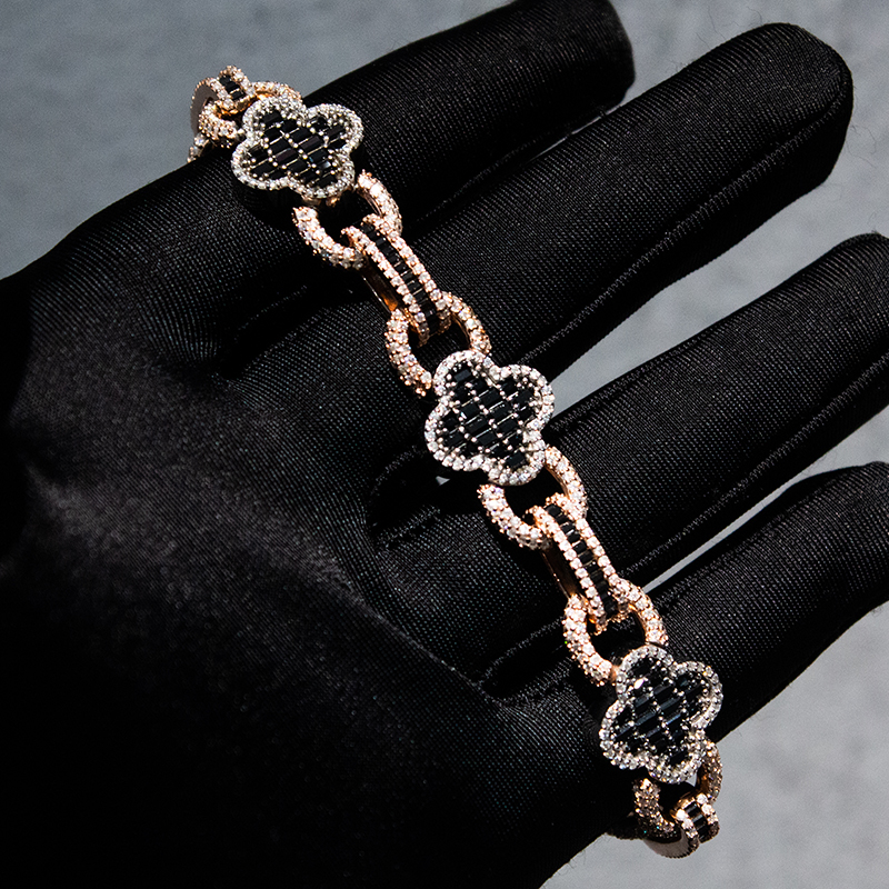 Hip Hop Iced Out Jewelry 925 Sterling Silver Vvs Black Moissanite Rose Gold Plated Clover Leaf Link Bracelet - view 3