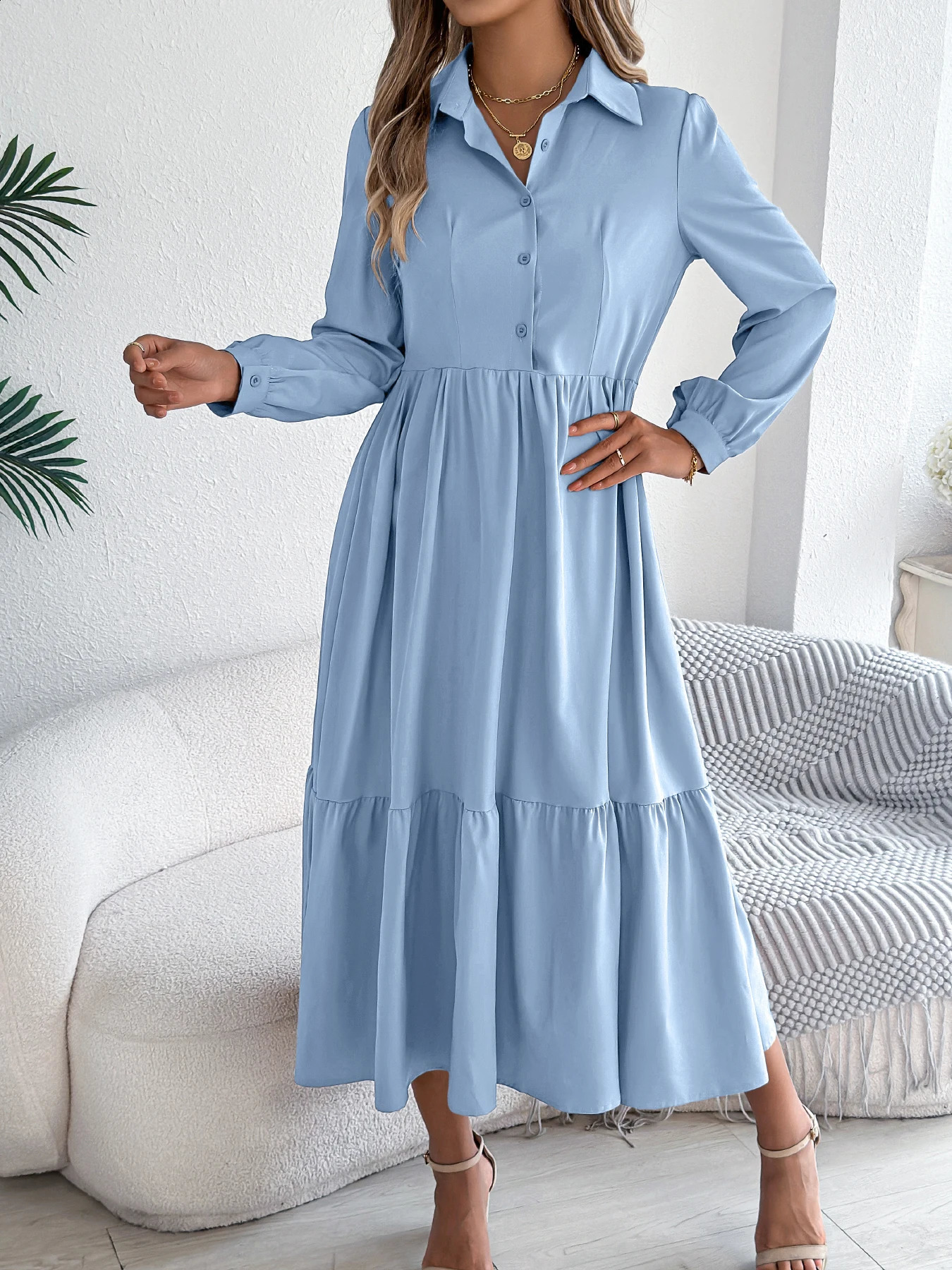 Casual Vacation Long Sleeved Turndown Collar SingleBreasted Dress Spring Autumn Fashion Womens Clothing 251022