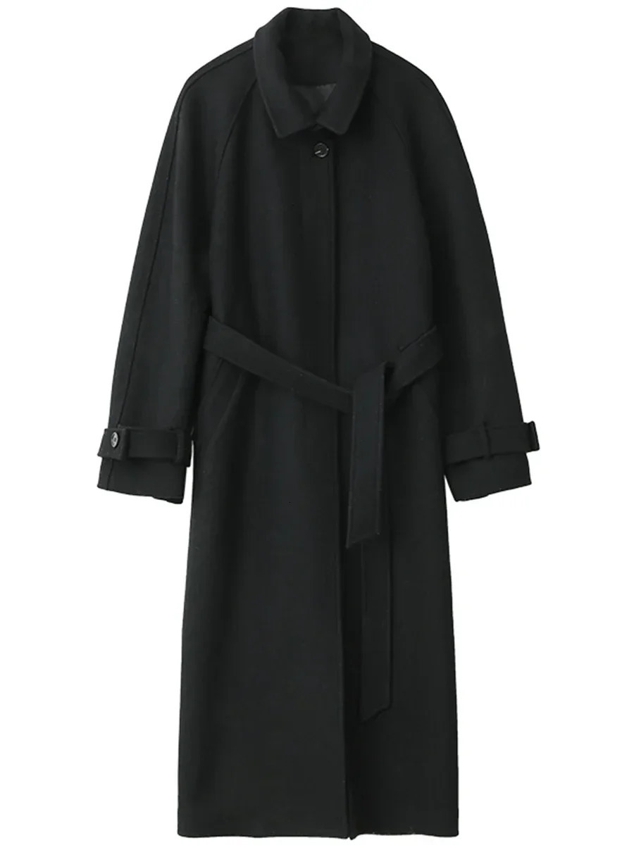 CHIC VEN Women Long Trencn Coat Standing Belt Lace Up Woolen Coat Raglan Sleeves Long Overcoat Office Lady Autumn Winter 251020
