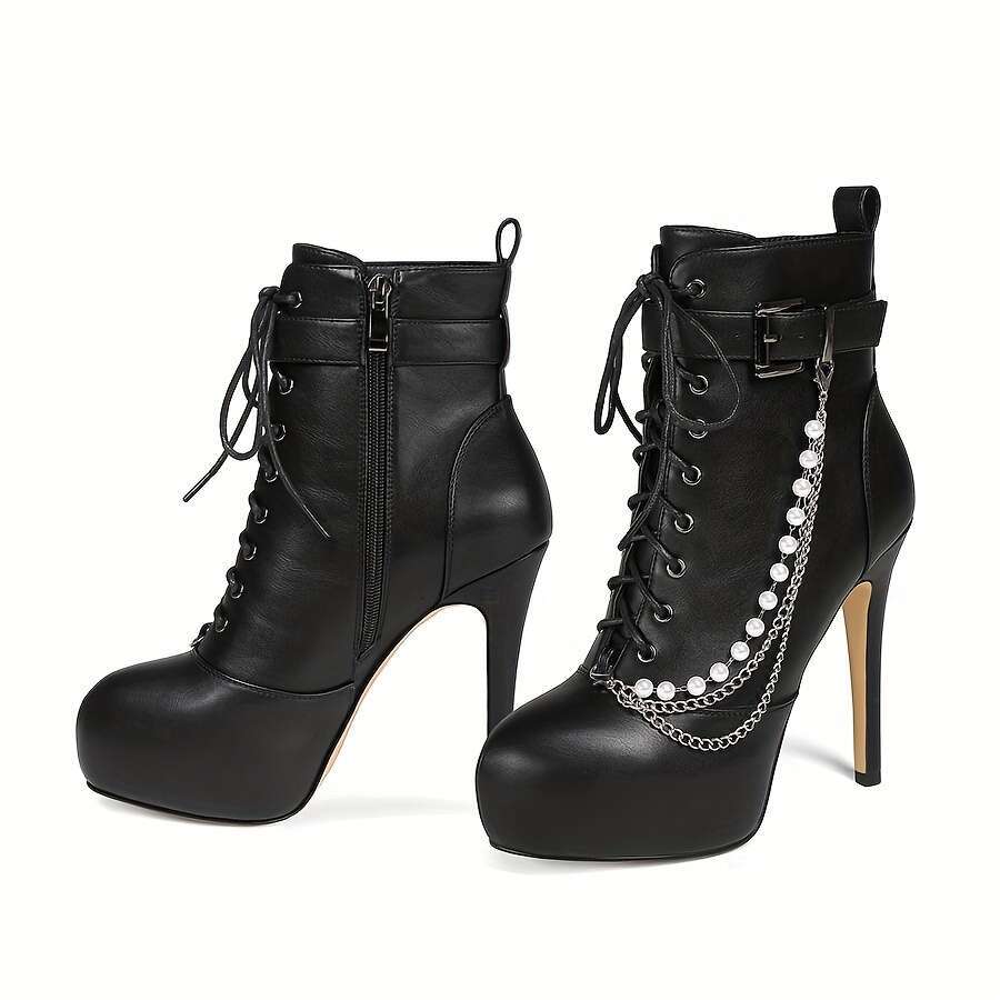 Patty Star Christmas Stiletto Boots 1 Pair Man-Made Upper/Inner, Rubber Sole Round Toe, Pearl Chain Side Zipper High Heel Nightclub Footwear