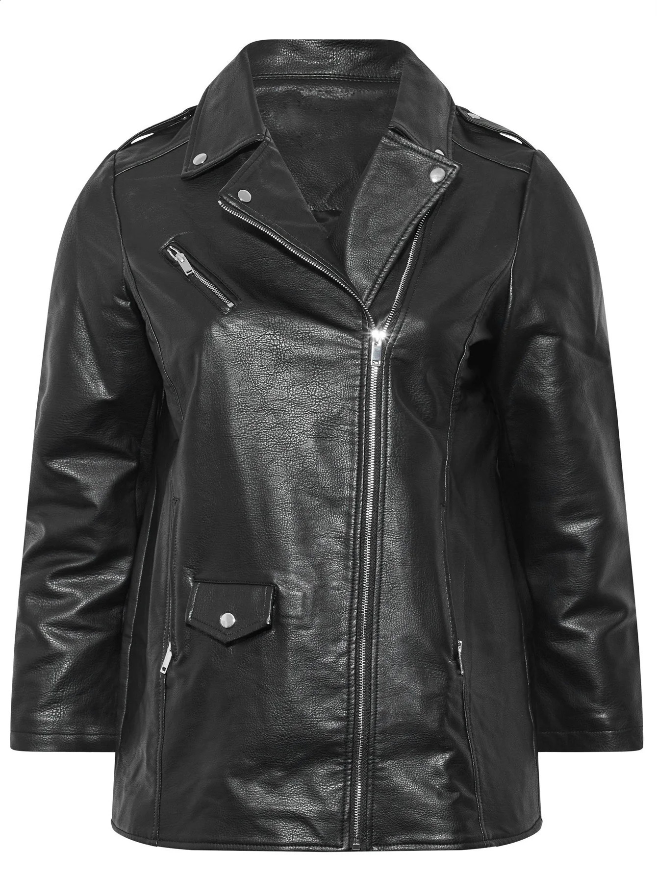 Plus Size PU Leather Zipper Jacket Casual Long Sleeve Lapel For Fall Womens Clothing 251017