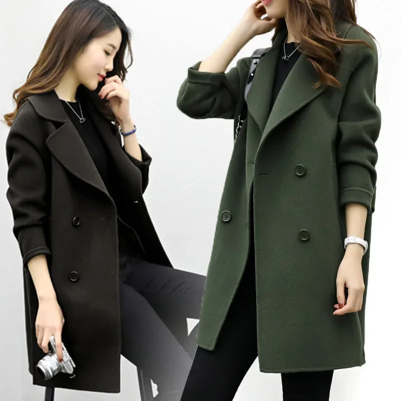 Plus Size Spring Autumn Winter Korean Style Fashion Simple Slimming Casual MidLength DoubleBreasted Woolen Coat 251020