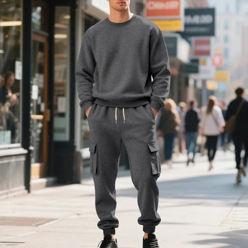 Mens Fleece RoundNeck Sweatshirt Set Loose Casual LongSleeved TwoPiece Autumn Winter Comfortable Cargo Pants 251023