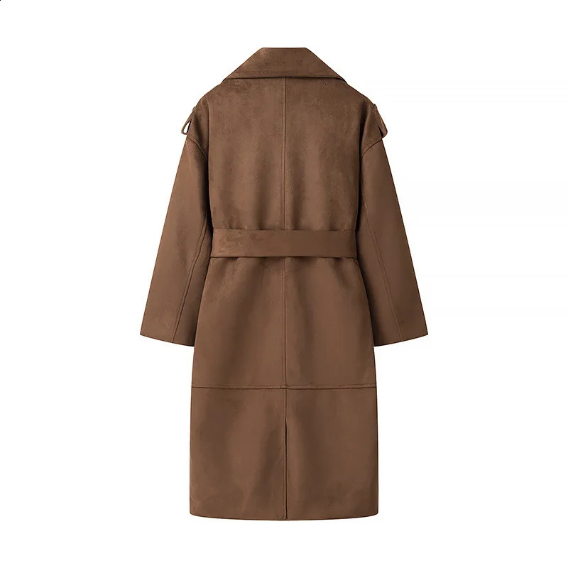 Women Suede Trench Coat Winter Chic Coats Solid TurnDown Collar Long Sleeves Belt Double Breasted Fashion Jackets 251013