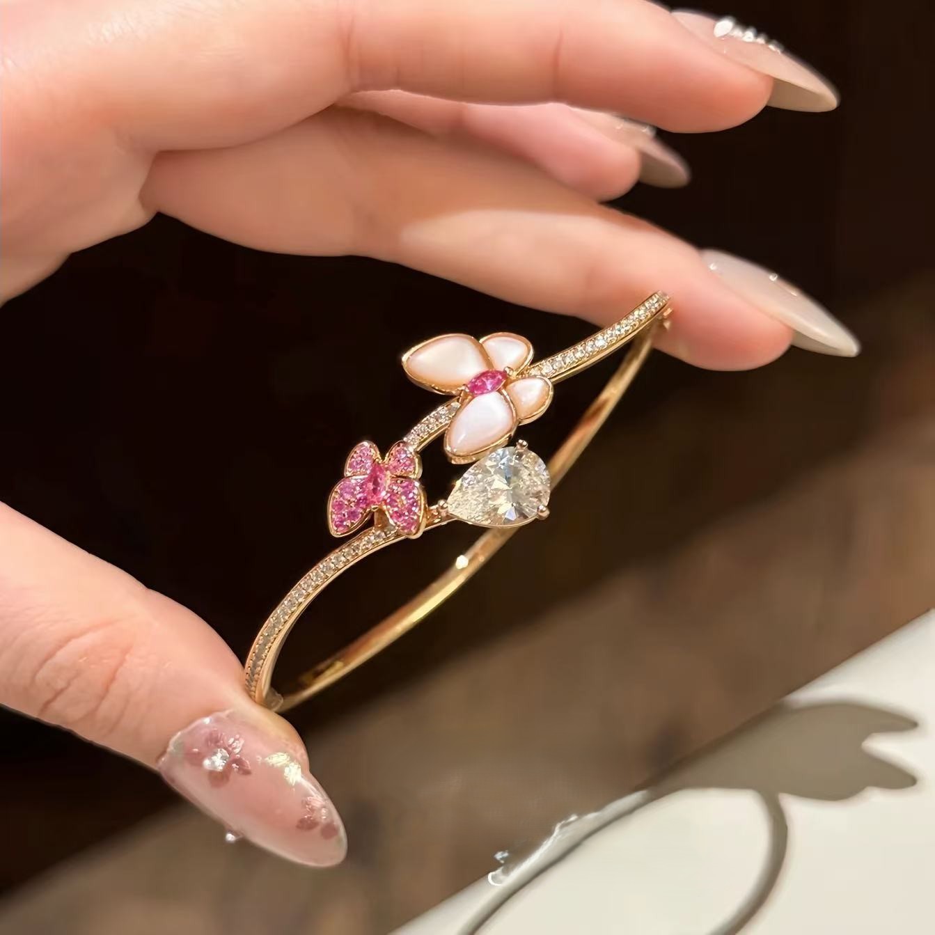TaiYang New Gold Plated Copper Cat's Eye Butterfly Bracelet, Full Zirconia Teardrop Bangle with Elegant Floral Accents