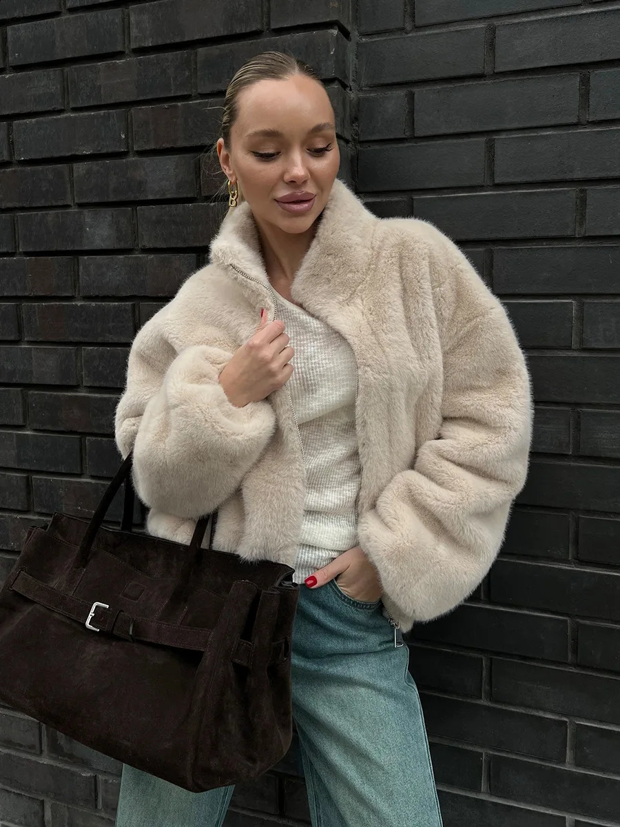 Bornladies Womens Faux Fur Jacket Zipper Warm Plush Coat Oversized Soft Fluffy Stand Up Collar Autumn Winter Casual 251022