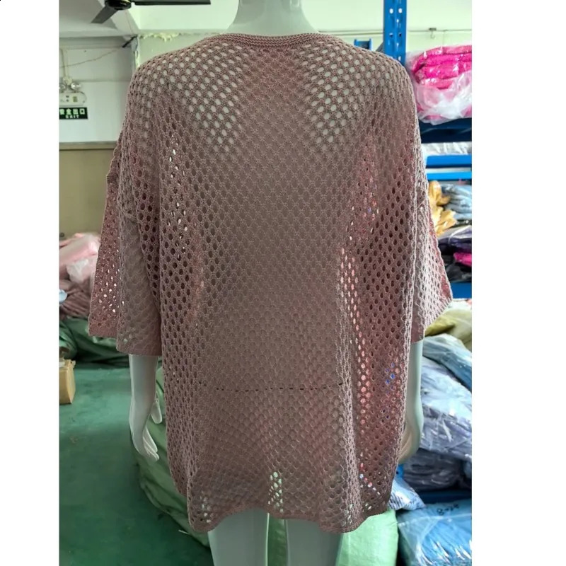 Fashion Women Star Pattern Mesh Hollow Out Fishnet Knit Beach CoverUp Pullovers FiveStar Round Neck Hollow Crochet Top 251023