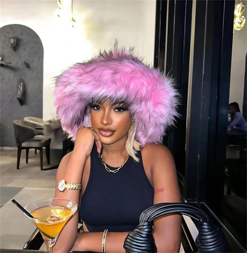 Fluffy Faux Fur Bucket Hats Y2k Women Raccoon Fur Hat Warm Thick Plush Winter Hat Lady Fashion Panama Furry Fisherman Cap 251022