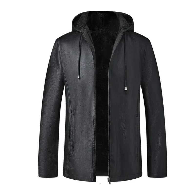 Winter Highend Mens Hooded Leather Jacket with Waterproof Windproof and Plush Insulation Men Clothing W251023