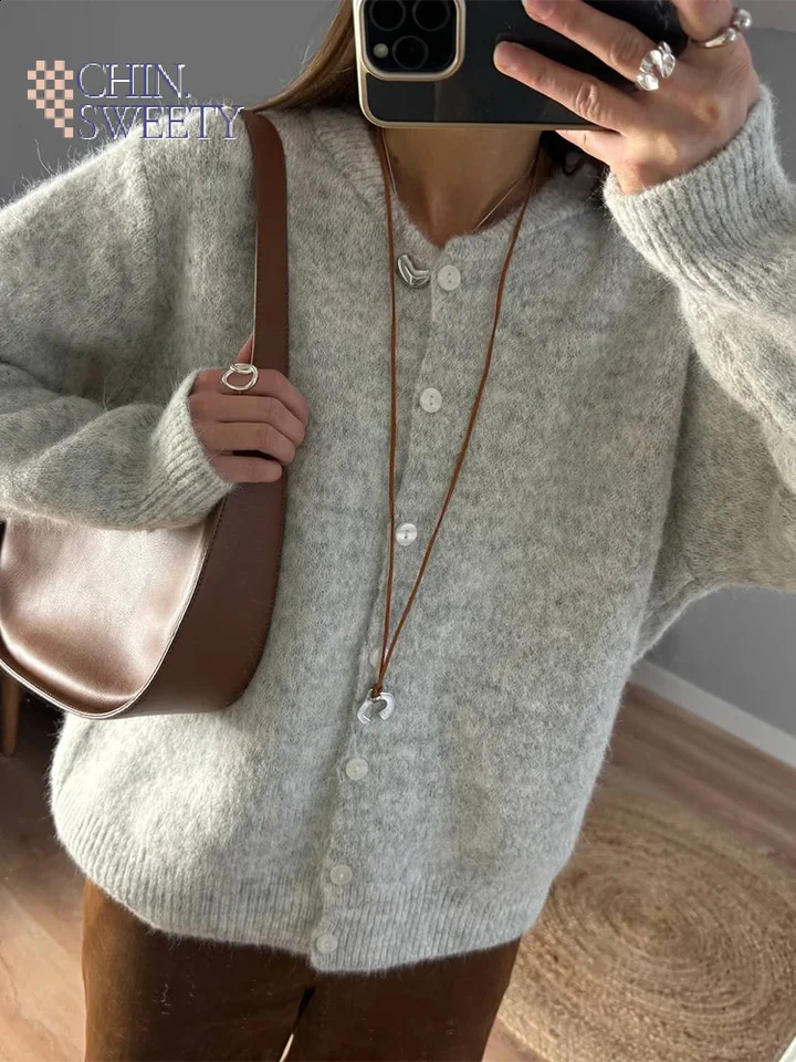 Womens Loose Solid Sweater Coat O Neck Cardigan Office Commute Knitwear Single Breasted Long Sleeve Streetwear Tops Autumn 251022