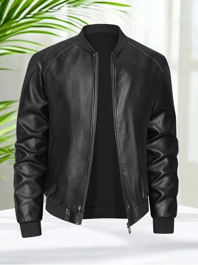 Mens Coffee PU Leather Jacket Faux Leather Bomber Coat Casual Slim Fit Lightweight Motorcycle Biker Outerwear for Autumn W251023