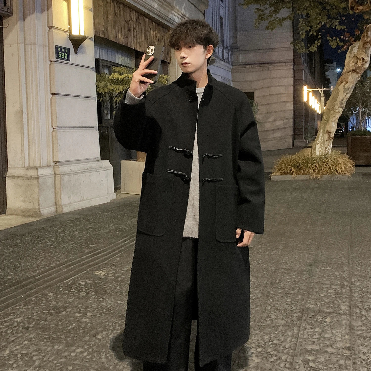 Autumn Winter Men Horn Button Woolen Coat Mid Length Stand Collar Trench Solid Color Big Pocket Overcoat Streetwear 251023